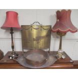 A lot comprising brass Regency style fire screen, silver plate twin handled serving tray, copper