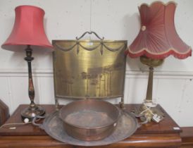 A lot comprising brass Regency style fire screen, silver plate twin handled serving tray, copper