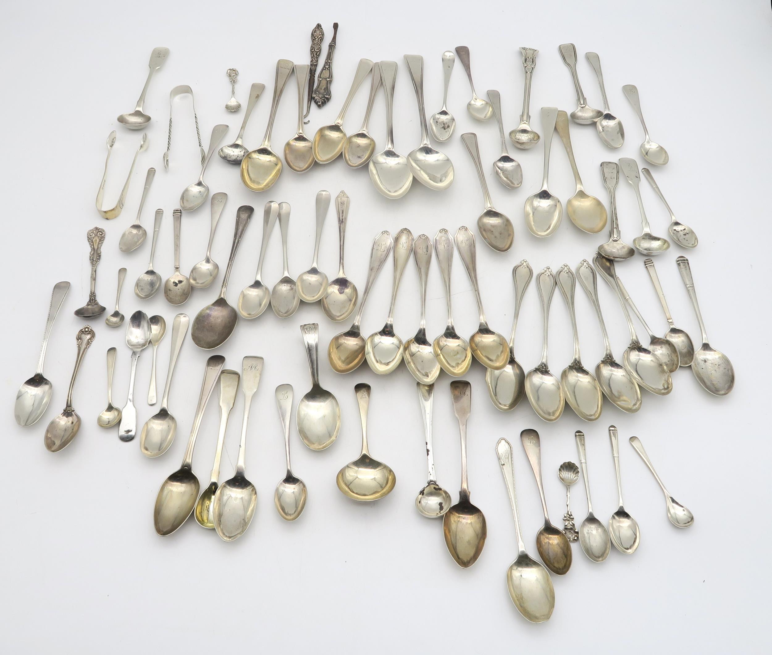 A collection of Georgian and later silver flatware, including tea spoons by Richard Crossley,