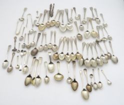 A collection of Georgian and later silver flatware, including tea spoons by Richard Crossley,