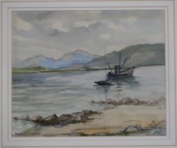 MARGARET G. LASKIE (SCOTTISH CONTEMPORARY)  KYLES OF BUTE WITH THE ARRAN PEAKS  Watercolour,