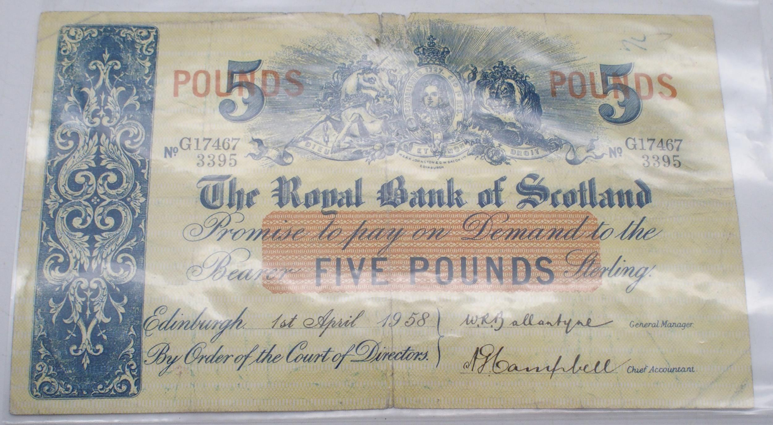 The Royal Bank of Scotland £5 Edinburgh 1st April 1958 G17467 3395, The North of Scotland Bank - Image 2 of 9