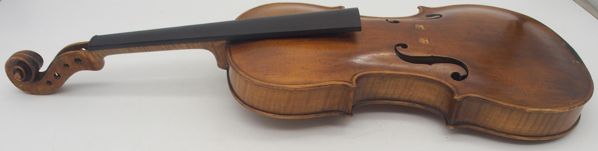 A two piece back German 35.5cm together with an inlaid compartmentalised wooden violin case possibly - Image 3 of 13