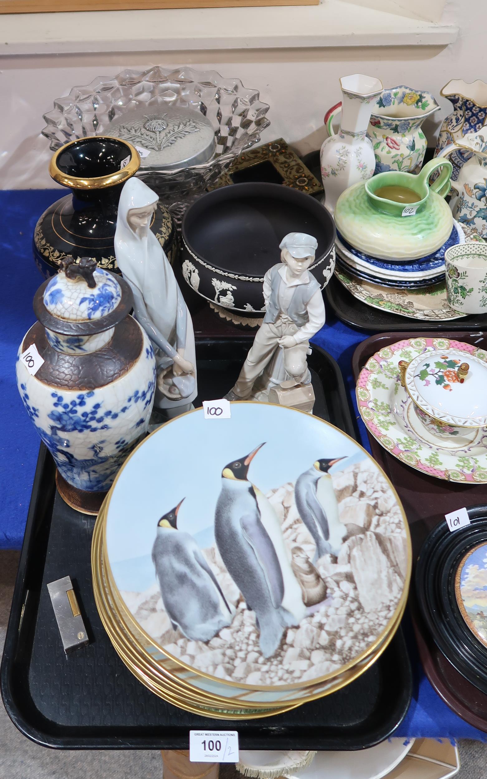A Wedgwood black basalt bowl, a Lladro and Nao figures, assorted collectors plates etc Condition