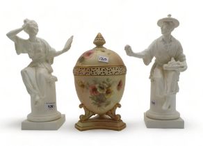 Two Royal Worcester unglazed figures Le Miroir and Le Panier both designed by A. Azori, together