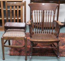 A lot comprising oak rail back rocking chair, another rail back bedroom chair and an oak book trough