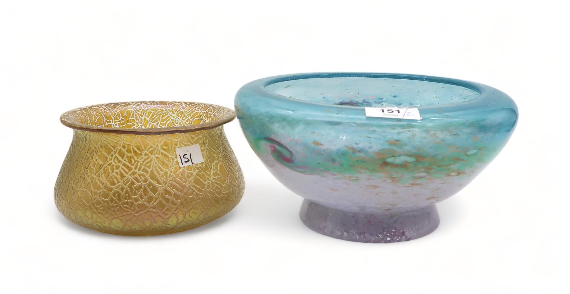 A Monart glass dish (AF) together with a crackle surface glass vase with yellow iridescence