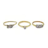 Three 18ct diamond rings, a 0.06ct solitaire size K, a illusion set three stone, size J, and a (