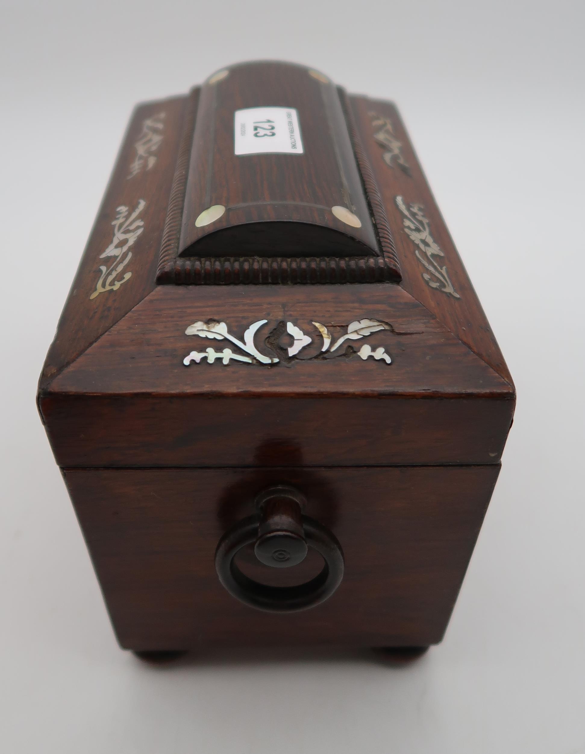 A Regency style mother of pearl inlaid tea caddy of casket shape with ring handles and two - Image 3 of 3