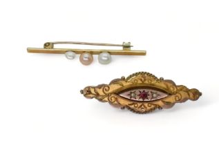 A 9ct gold locket back brooch set with a red gem and pearls, and a pink and white pearl set