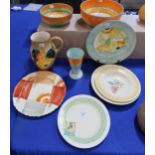 A collection of Art Deco pottery including Shelley bowls and vase, Crown Devon jug and plate, two