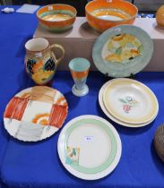 A collection of Art Deco pottery including Shelley bowls and vase, Crown Devon jug and plate, two