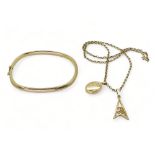 A 9ct gold bangle, chain and two pendants, weight together 13.9gms Condition Report:Available upon