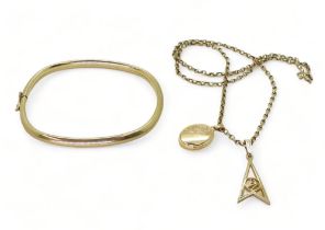 A 9ct gold bangle, chain and two pendants, weight together 13.9gms Condition Report:Available upon