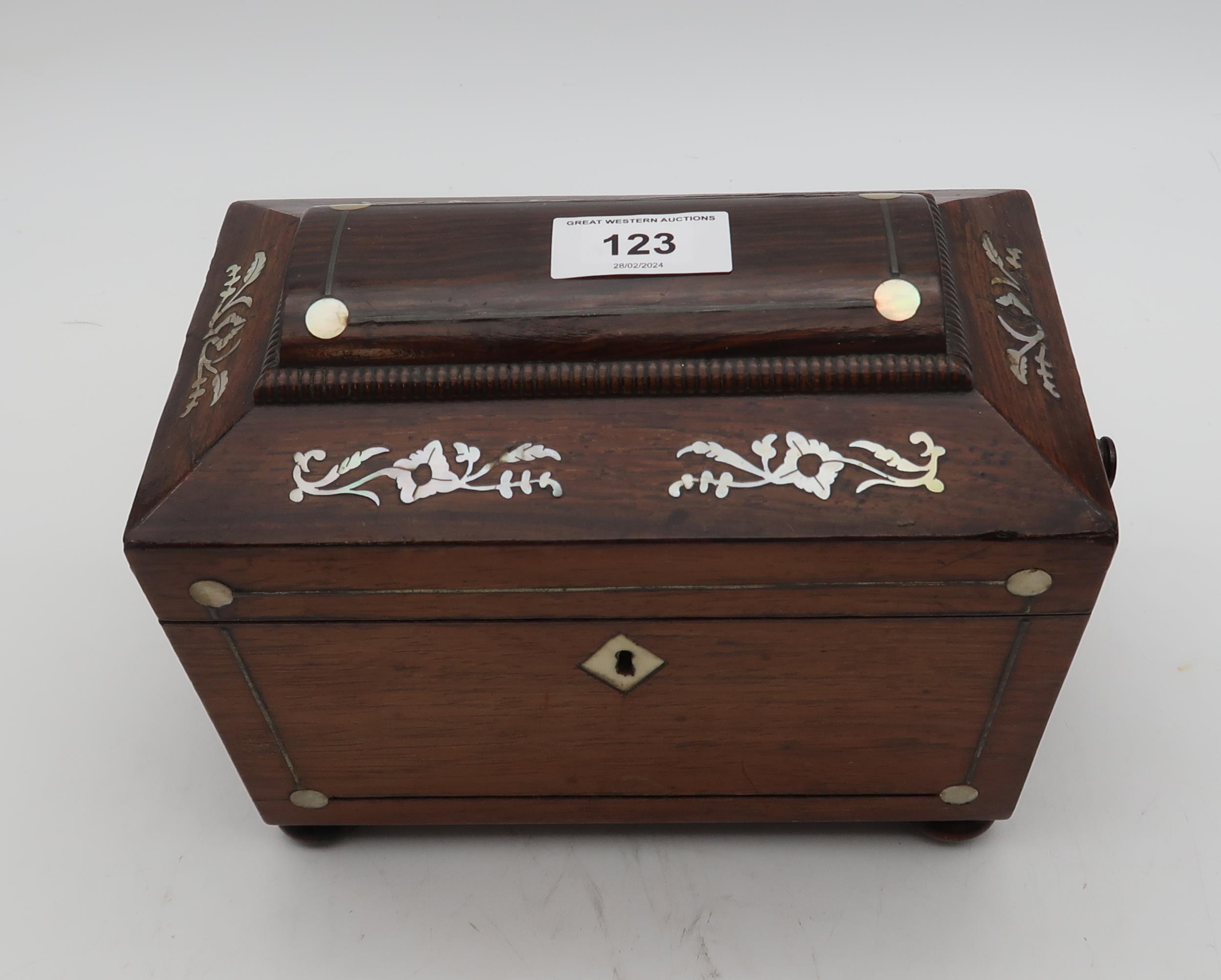 A Regency style mother of pearl inlaid tea caddy of casket shape with ring handles and two - Image 2 of 3