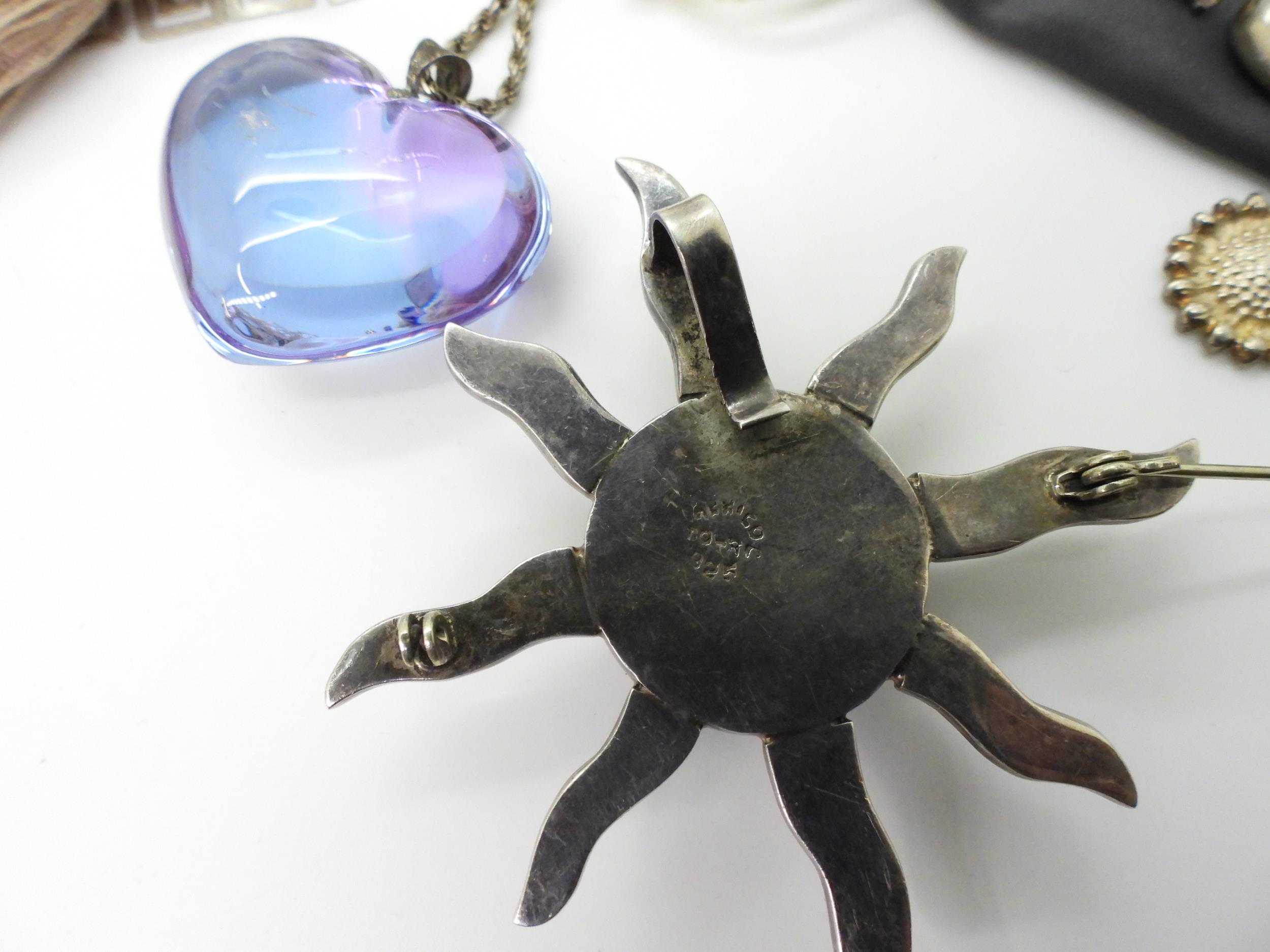 A signed Baccarat purple heart pendant, a silver moonstone and iolite bracelet, Mexican silver Sun - Image 6 of 6