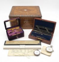A walnut work box with Tunbridge geometric inlay, Chester silver-cased pocket watch, the face marked