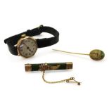 A 9ct gold cased Ingersoll watch, together with a 9ct gold mounted New Zealand jade brooch, together