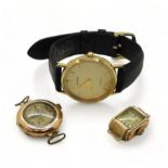 A 9ct gold Accurist watch together with two 9ct gold cased vintage watch heads, weight all