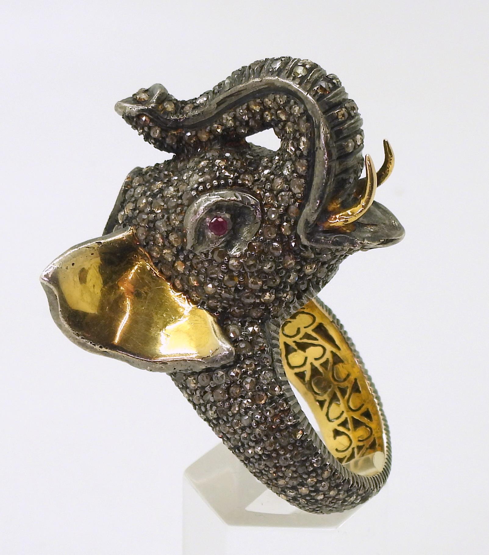 A yellow and white metal elephant statement ring, entirely set with rose cut diamonds, with a - Image 2 of 4