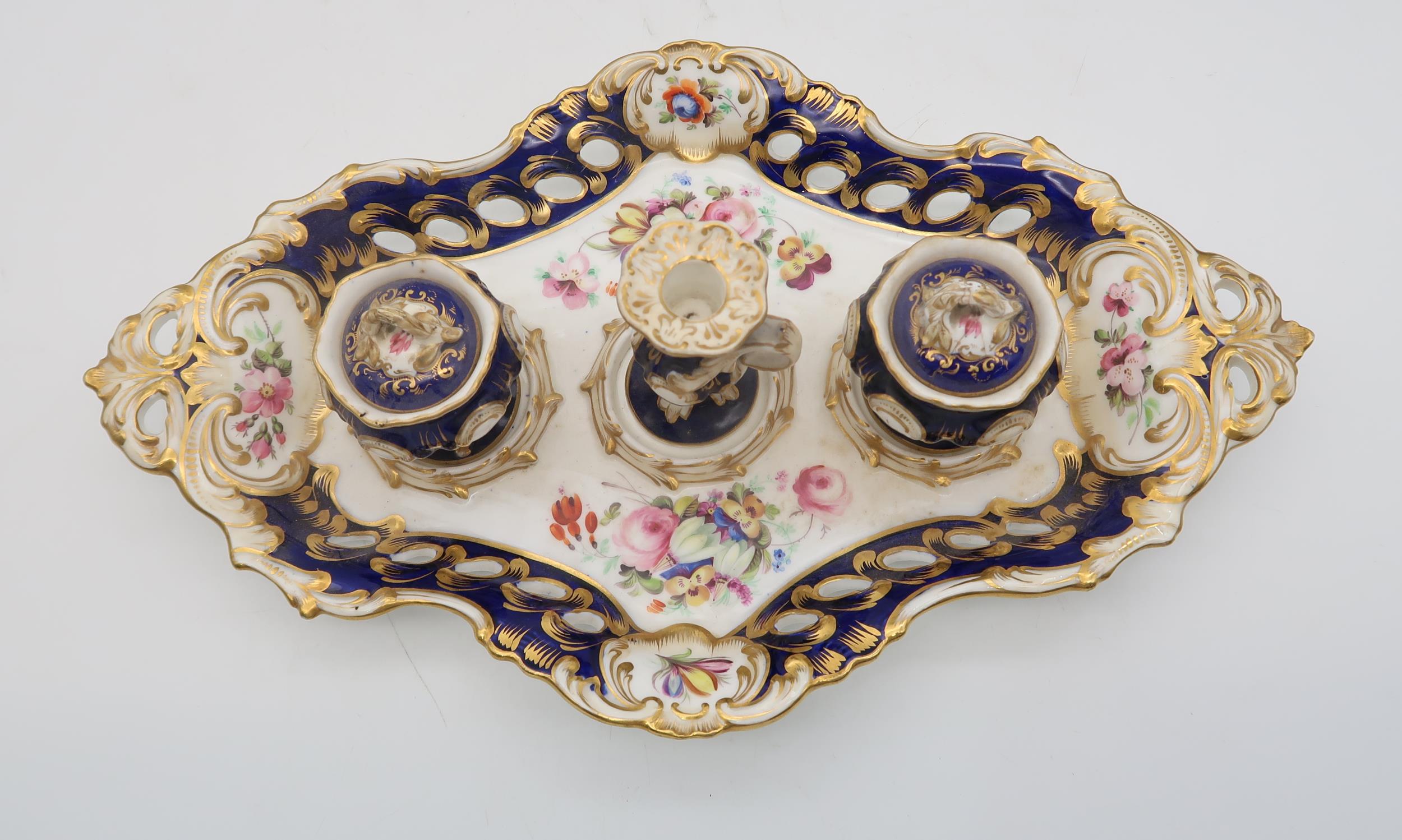 A 19th century ceramic desk set painted with flowers and gilt decoration, Royal Copenhagen - Image 2 of 3