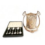 A WMF EPNS siphon bottle stand, and a set of white metal and enamel Arts and Crafts silver tae