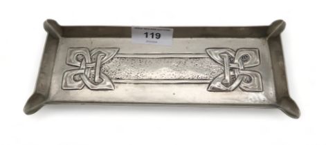A white metal pen tray, decorated with Celtic knotwork, probably by Margaret Gilmour Condition