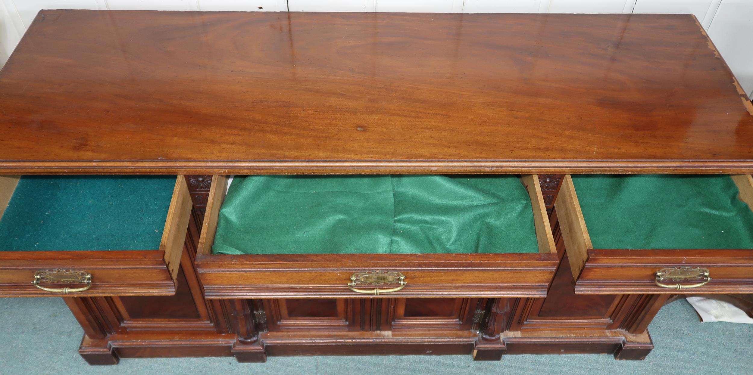 A late Victorian mahogany sideboard with four short drawers over four cabinet doors, 98cm high x - Image 2 of 3