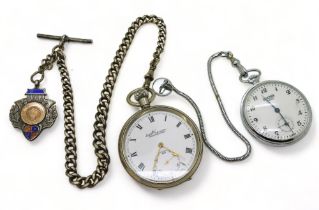 A silver fob chain, with attached Medallion, with a white metal Everite open face pocket watch and a