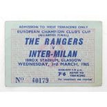 A match ticket for Rangers v. Inter-Milan at Ibrox Stadium, Glasgow, Wednesday 3rd March 1965