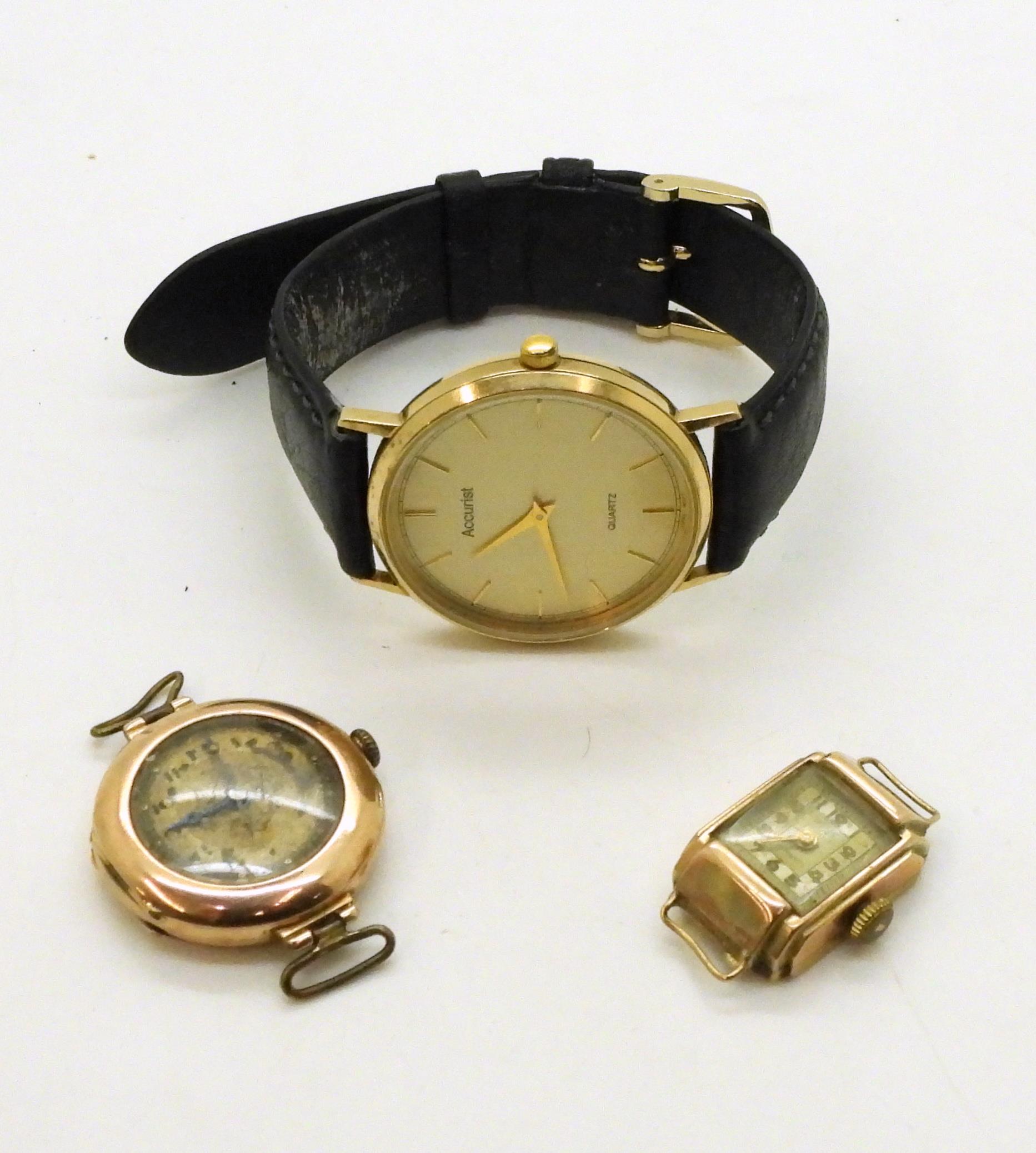 A 9ct gold Accurist watch together with two 9ct gold cased vintage watch heads, weight all - Image 2 of 3