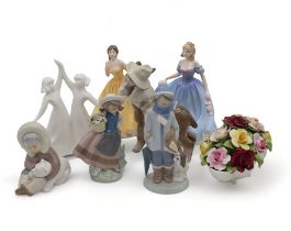 A collection of Lladro and Royal Doulton figures, together with a posy Condition Report:Available