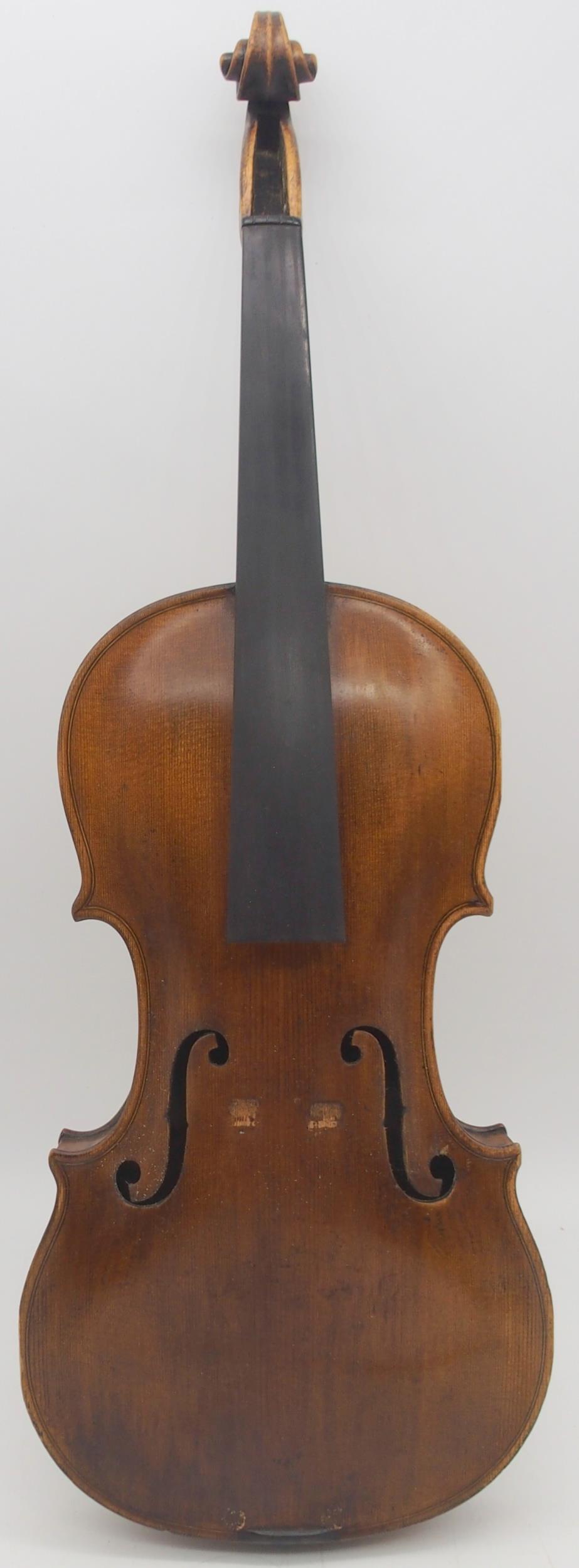 A two piece back German 35.5cm together with an inlaid compartmentalised wooden violin case possibly