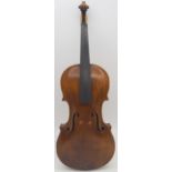 A two piece back German 35.5cm together with an inlaid compartmentalised wooden violin case possibly