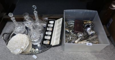 A collection of EPNS including mother of pearl handled cutlery, cut glass decanters and dishes,