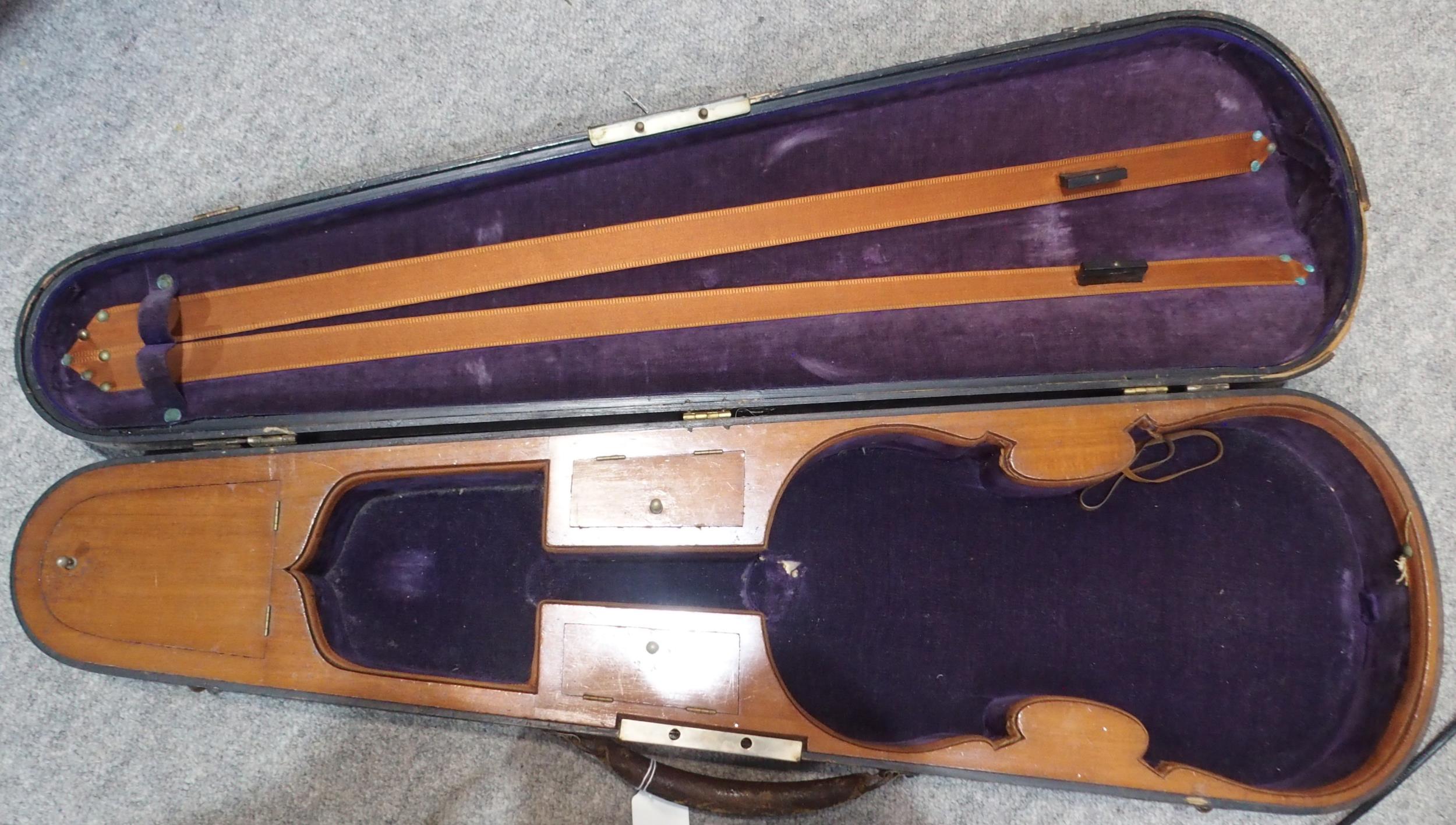 A two piece back German 35.5cm together with an inlaid compartmentalised wooden violin case possibly - Image 13 of 13