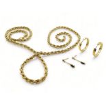 A 9ct gold rope chain, length 77cm, a pair of 9ct gold hoop earrings, and a pair of yellow metal