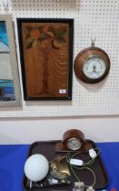 A wooden inlaid panel depicting  fruiting tree, signed Rowe, a round barometer, a French Art Deco