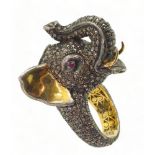 A yellow and white metal elephant statement ring, entirely set with rose cut diamonds, with a