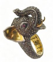 A yellow and white metal elephant statement ring, entirely set with rose cut diamonds, with a