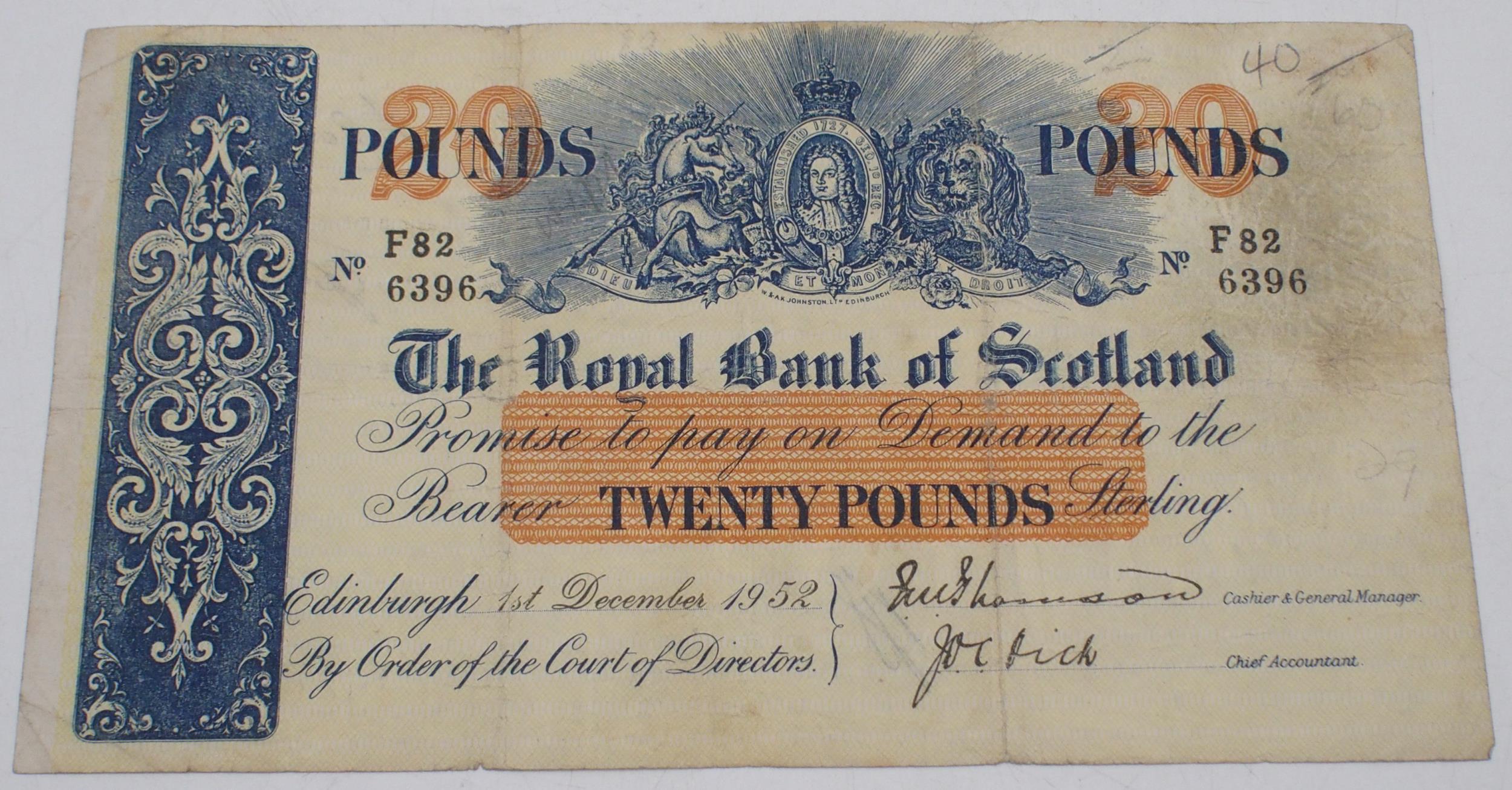 The Royal Bank of Scotland £20 Edinburgh 1st December 1952 No. F82 6396 double signatures