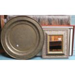 A lot comprising gilt framed wall mirror, brass circular table top and five assorted framed
