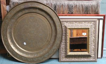 A lot comprising gilt framed wall mirror, brass circular table top and five assorted framed