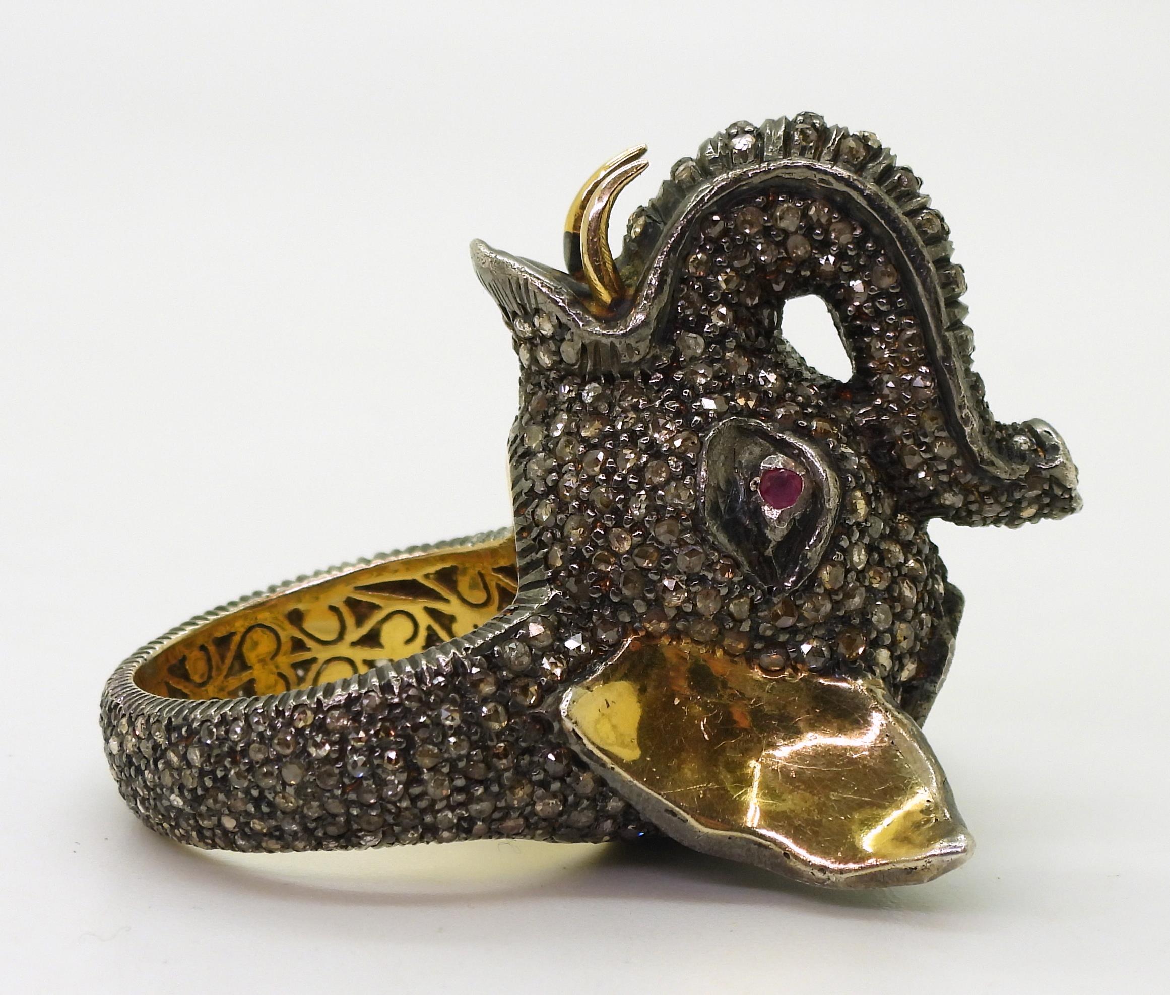 A yellow and white metal elephant statement ring, entirely set with rose cut diamonds, with a - Image 3 of 4