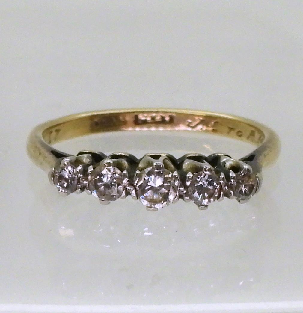 An 18ct gold and platinum five stone diamond ring set with estimated approx 0.15cts of brilliant cut - Image 2 of 3