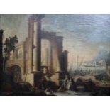 A decorative old master style capriccio view, possibly an overpainted print, 76 x 102cm Condition Re