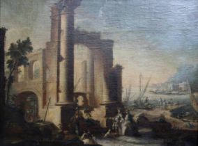 A decorative old master style capriccio view, possibly an overpainted print, 76 x 102cm Condition Re