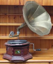 An early 20th century "His Masters Voice" winding gramophone with brass horn on octagonal base