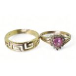 A a 9ct gold pink & white cz set ring, size L, weight 1.7gms together with a 14k gold Greek key