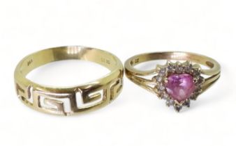 A a 9ct gold pink & white cz set ring, size L, weight 1.7gms together with a 14k gold Greek key